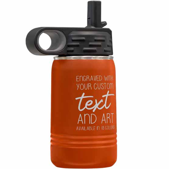 Orange Stainless Steel Child Water Bottle With Straw And Laser Engraved To Show Customizable Areas For Text And Art