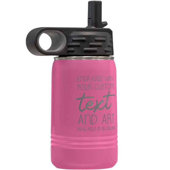 Pink Stainless Steel Child Water Bottle With Straw And Laser Engraved To Show Customizable Areas For Text And Art