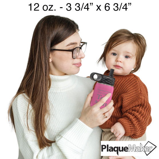 Size Guide With Woman Serving Pink Stainless Steel Child Water Bottle With Straw And Customizable Areas To Child