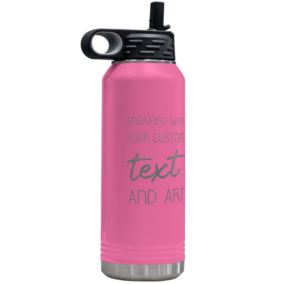 Pink Thirty Two Ounce Stainless Steel Water Bottle With Straw And Engraved To Show Customizable Areas For Text And Art