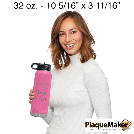 Size Guide With Happy Woman Holding Pink Thirty Two Ounce Water Bottle With Straw And Customizable Areas