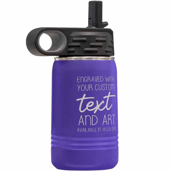 Purple Stainless Steel Child Water Bottle With Straw And Laser Engraved To Show Customizable Areas For Text And Art