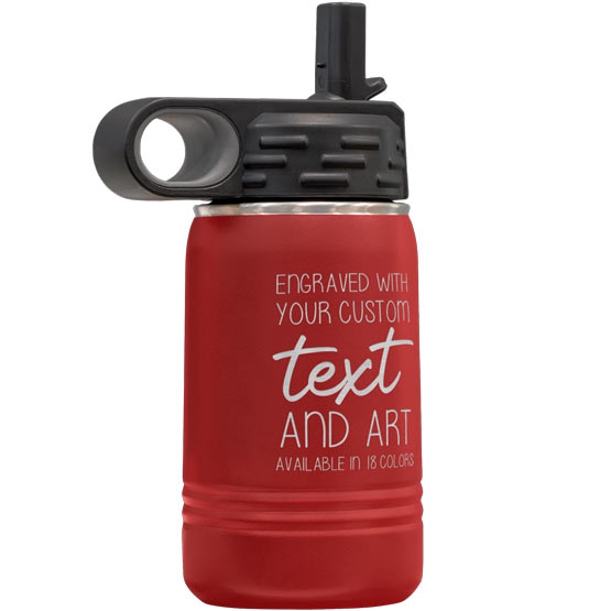 Red Stainless Steel Child Water Bottle With Straw And Laser Engraved To Show Customizable Areas For Text And Art