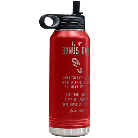 Stainless Steel 32 Ounce Red Water Bottle With Straw And Laser Engraved With To My Bonus Dad Father’s Day Message And Name