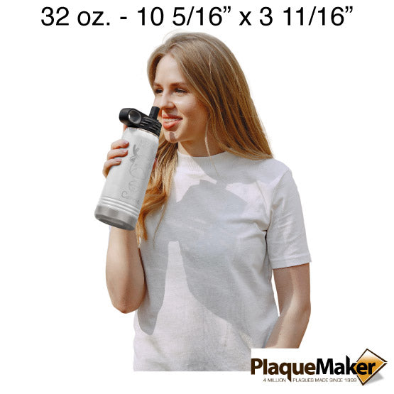 Happy Woman Drinking From Stainless Steel 32 Ounce White Water Bottle Engraved With Reindeer And Name And Merry Christmas