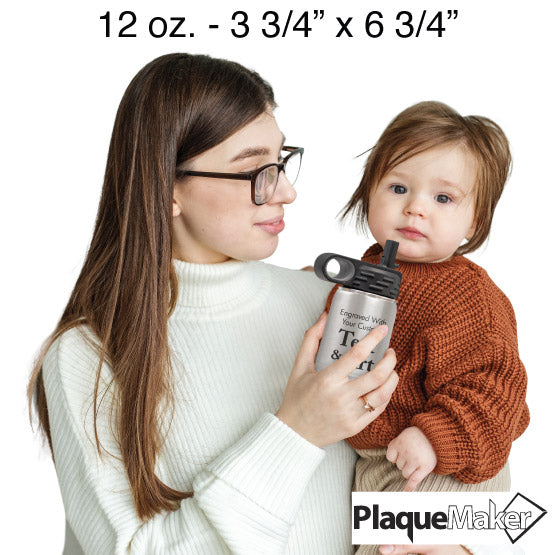 Size Guide With Woman Serving Silver Stainless Steel Child Water Bottle With Straw And Customizable Areas To Child