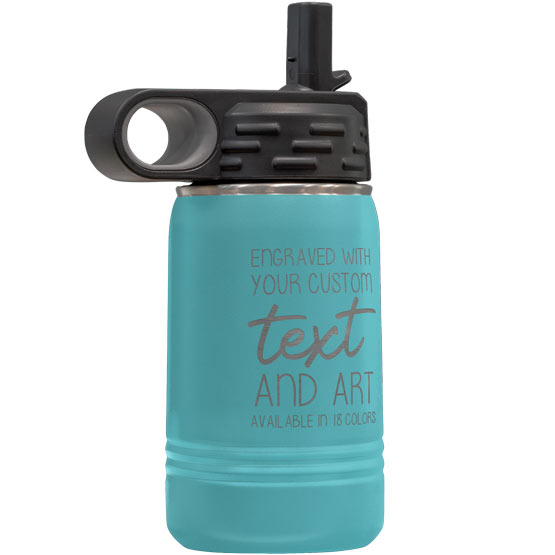 Teal Stainless Steel Child Water Bottle With Straw And Laser Engraved To Show Customizable Areas For Text And Art