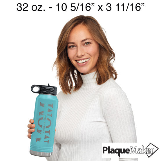 Happy Woman Drinking From Stainless Steel 32 Ounce Teal Water Bottle Custom Engraved With Kids Names Inside Mom Text