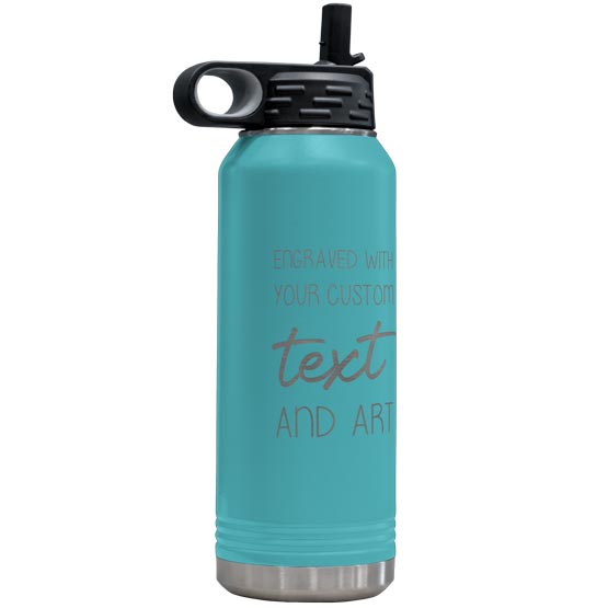 Teal Thirty Two Ounce Stainless Steel Water Bottle With Straw And Engraved To Show Customizable Areas For Text And Art