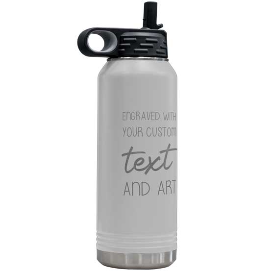 White Thirty Two Ounce Stainless Steel Water Bottle With Straw And Engraved To Show Customizable Areas For Text And Art