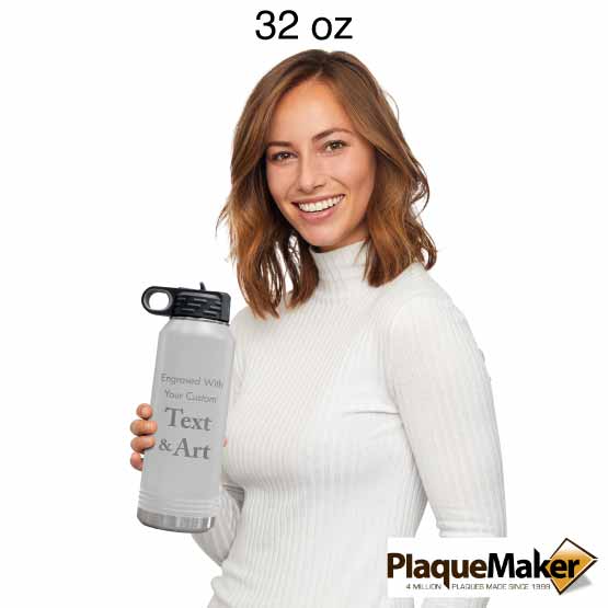 Size Guide With Happy Woman Holding White Thirty Two Ounce Water Bottle With Straw And Customizable Areas