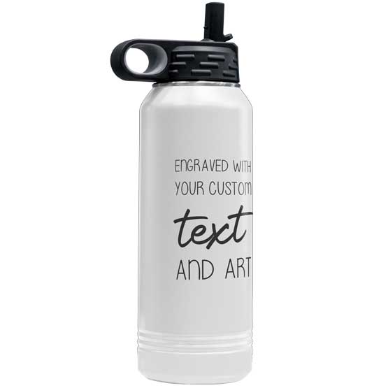 White And Black Thirty Two Ounce Stainless Steel Water Bottle With Straw And Engraved To Show Customizable Areas