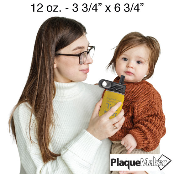 Size Guide With Woman Serving Yellow Stainless Steel Child Water Bottle With Straw And Customizable Areas To Child