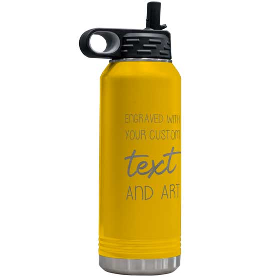 Yellow Thirty Two Ounce Stainless Steel Water Bottle With Straw And Engraved To Show Customizable Areas For Text And Art