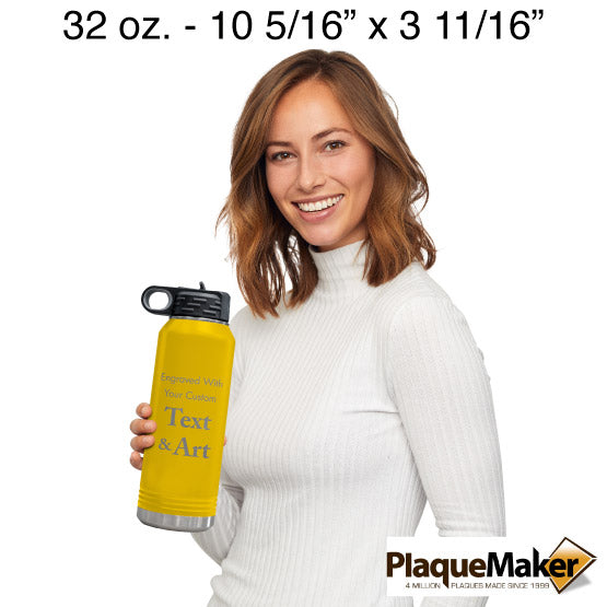 Size Guide With Happy Woman Holding Yellow Thirty Two Ounce Water Bottle With Straw And Customizable Areas
