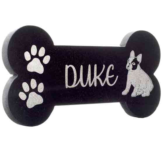 Custom Bone Shaped Granite Dog Memorial Headstone Laser Engraved With Name And Artwork Of Dog And Paw Prints