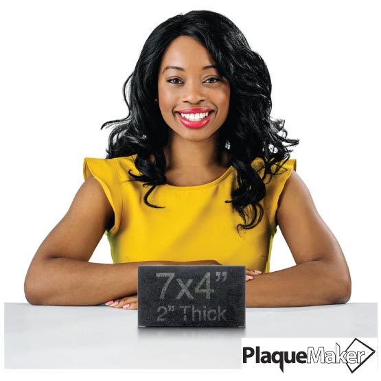 Size Guide With Happy Woman Sitting At Table Behind Same Day Granite Headstone With Rectangle Shape And Showing Measurements