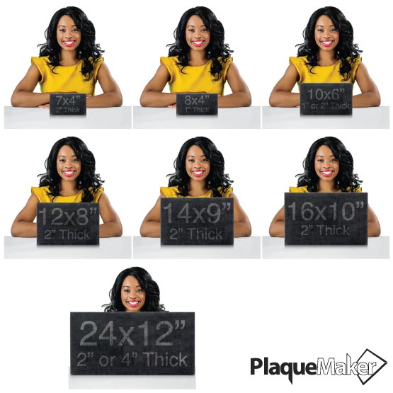 Size Guide With Happy Woman Sitting Behind Seven Sizes Of Rectangle Granite Headstones Showing Measurements