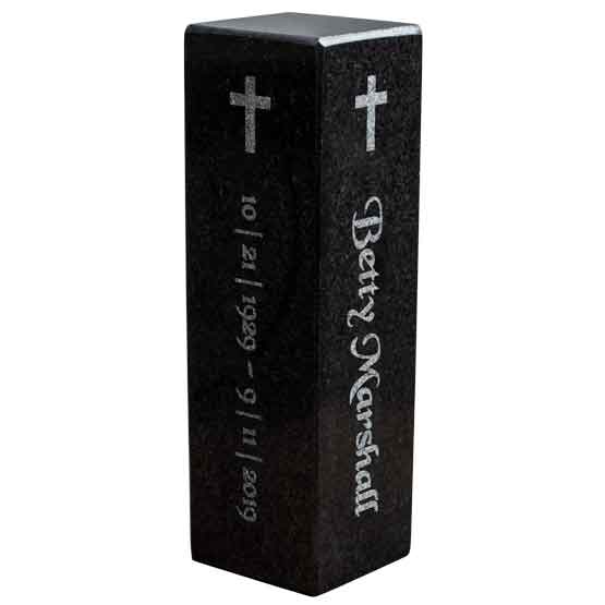 Custom Rectangle Granite Pillar With Portrait Layout And Engraved With Cross Art And Memorial Details For Betsy Marshall