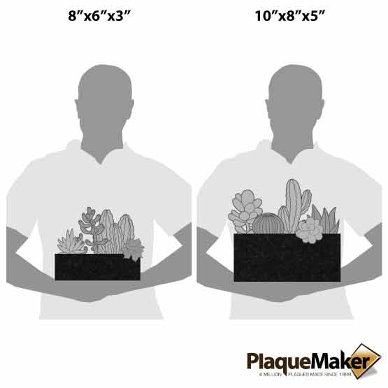 Size Guide With Blank Figures Holding Two Different Sizes Of Custom Granite Flower Planters Against White Background