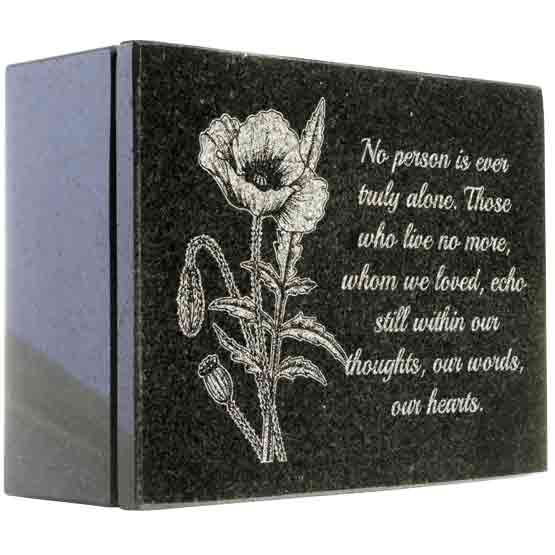 Custom Rectangle Granite Urn Laser Engraved With Flower Art And Memorial Message About Not Being Alone