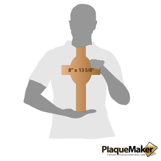 Size Guide With Blank Figure Holding Custom Red Alder Wood Cross Shaped Headstone Showing Measurements