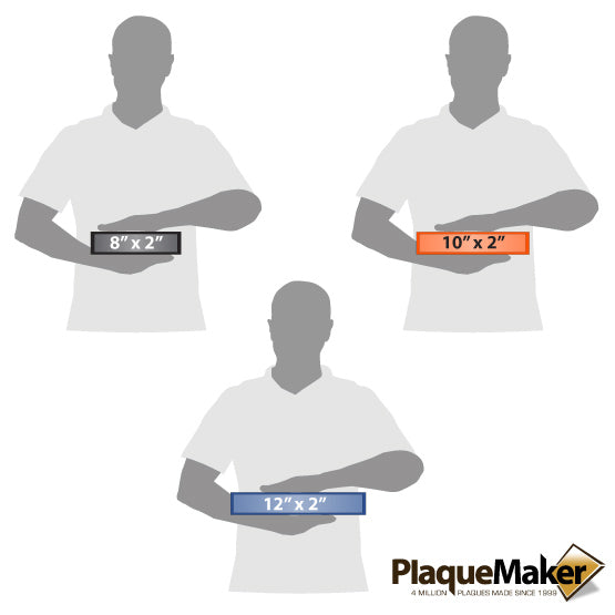 Size Guide Showing 3 Available Sizes Of Acrylic Desk Name Plates.