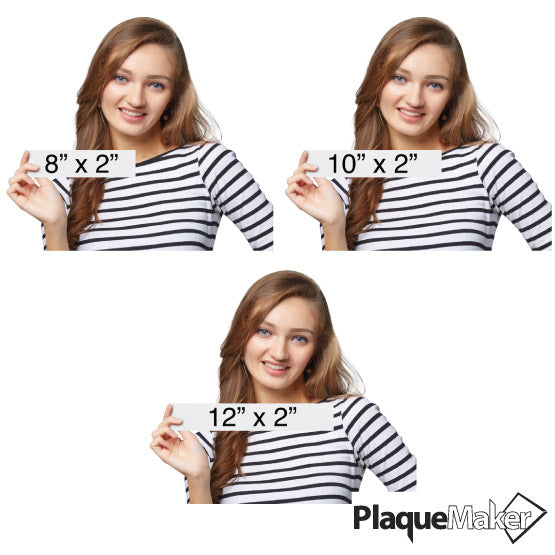 Size Guide Featuring 3 Available Sizes Of Aluminum Office Name Plates In White.