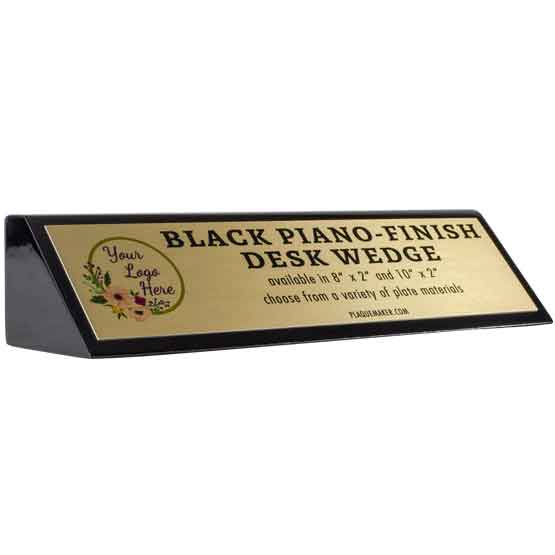 Desk Wedge With Black Piano Finish And Gold Aluminum Plate Printed With Product Details And Customization Options And Areas