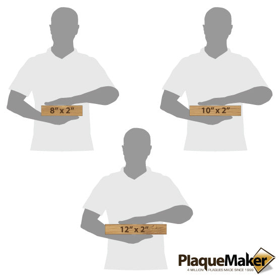 Size Guide Featuring 3 Available Sizes Of Engraved Bamboo Desk Name Plates.