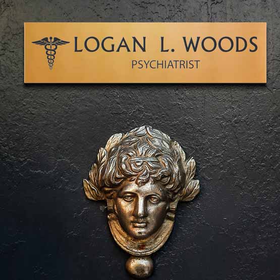 Custom Bronze Name Plate With Name And Logo On Black Door.
