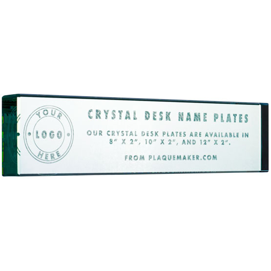 Custom Glass Desk Name Plate Engraved To Show Customizable Areas For Text And Art Against A White Background