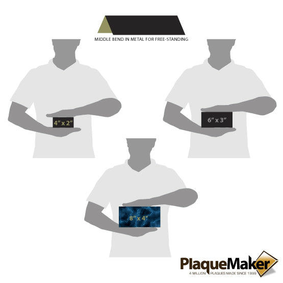 Size Guide Featuring 3 Available Size Of Laser Engraved Aluminum Table Tent Name Plates.