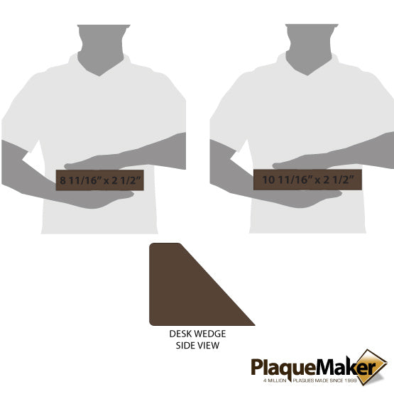 Size Guide With Side View Of Dark Brown Faux Leather Desk Wedge And Blank Figures Holding It In Front View With Measurements