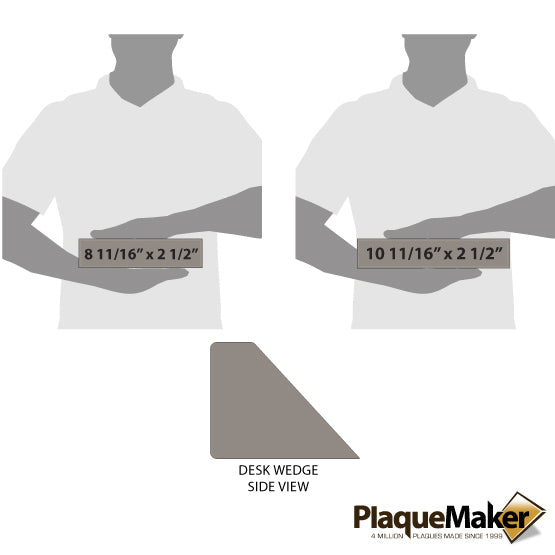 Size Guide With Side View Of Gray Faux Leather Desk Wedge And Blank Figures Holding Front View Of Wedge With Measurements
