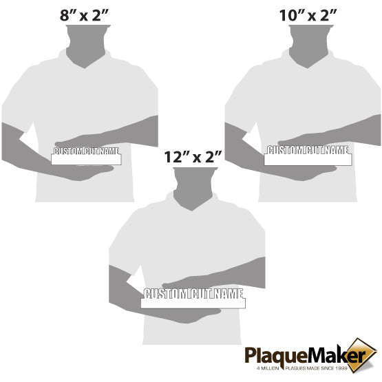Size Guide Featuring 3 Available Sizes Of Cut Out Plastic Desk Name Plates.