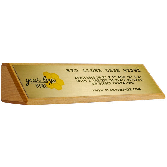 Custom Red Alder Desk Wedge With Gold Aluminum Plate Printed To Show Customizable Options And Areas For Text And Art