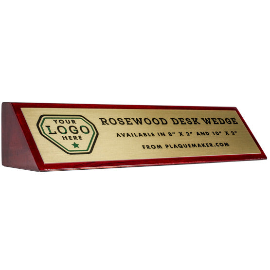 Custom Rosewood Desk Wedge With Gold Aluminum Plate Printed To Show Customizable Options And Areas For Text And Art