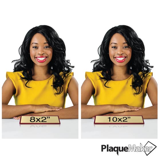 Size Guide With Happy Woman Sitting Behind Two Different Sizes Of Rosewood Desk Wedges With Gold Aluminum Plates