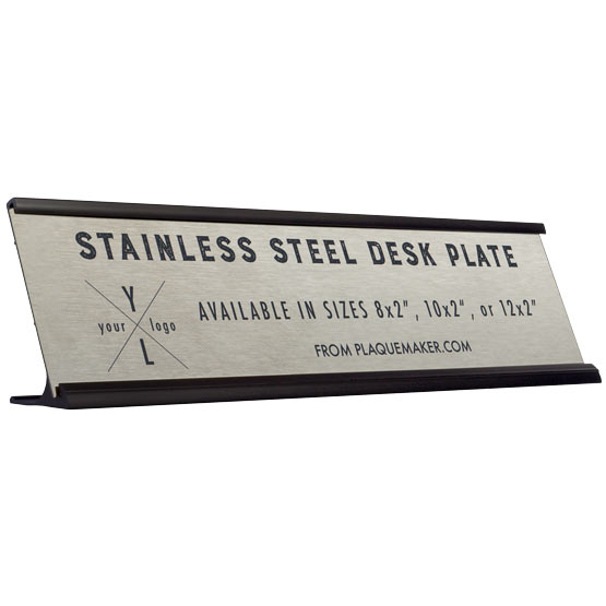 Custom Desk Plate - Stainless Steel Desk Name Plaque, Engraved Desk Plate. Engraved with your name, title, and logo.