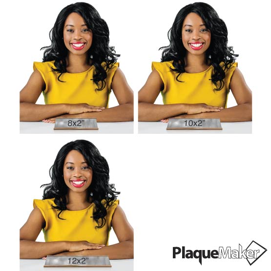 Size Guide Featuring 3 Available Sizes Of Titanium Desk Name Plates.