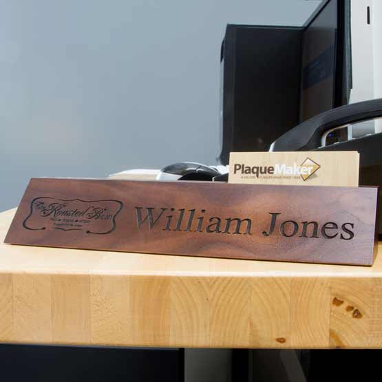 Walnut Desk Wedge With Card Slot And Direct Engraving Of Logo And Name On Office Desk With Computer And Phone