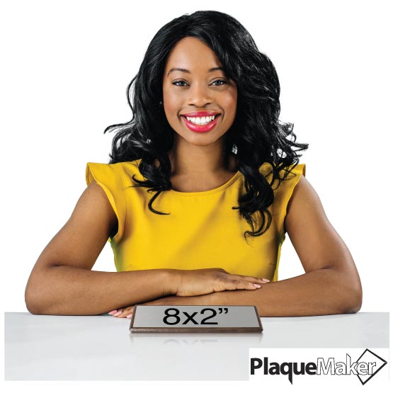 Size Guide With Happy Woman Sitting Behind Same Day Walnut Desk Wedge With Silver Aluminum Plate Against White Background