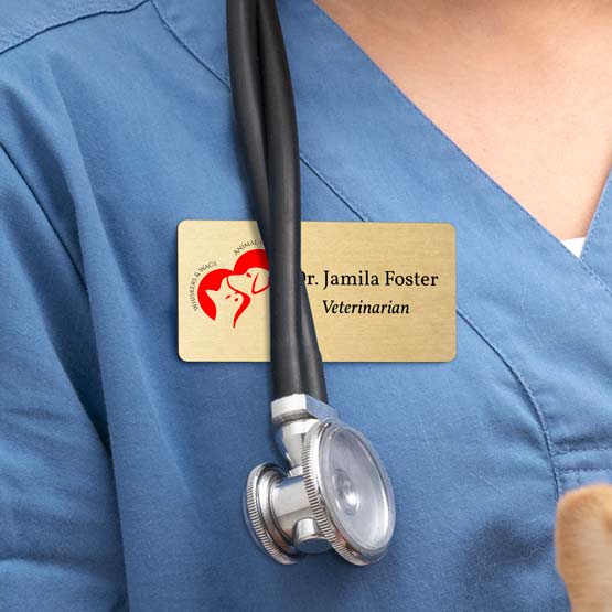 Woman Wearing Stethoscope And Same Day Gold Aluminum Magnetic Name Badge With Veterinarian Logo And Details On Blue Uniform