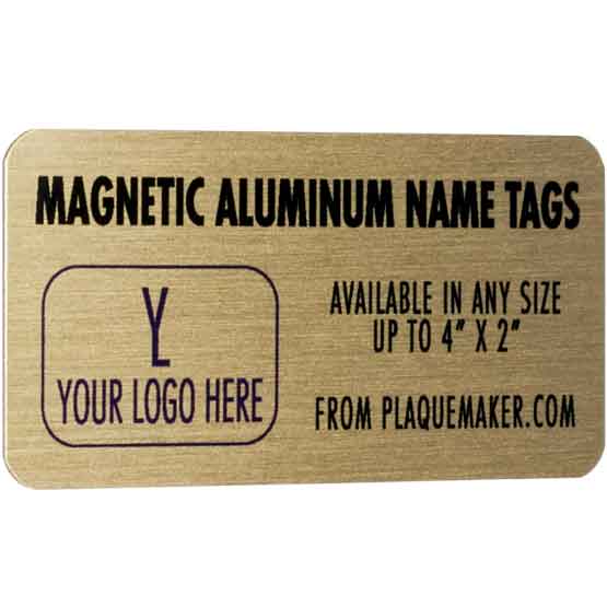 Custom Gold Aluminum Magnetic Name Badge Printed To Show Customizable Areas For Text And Art Against White Background