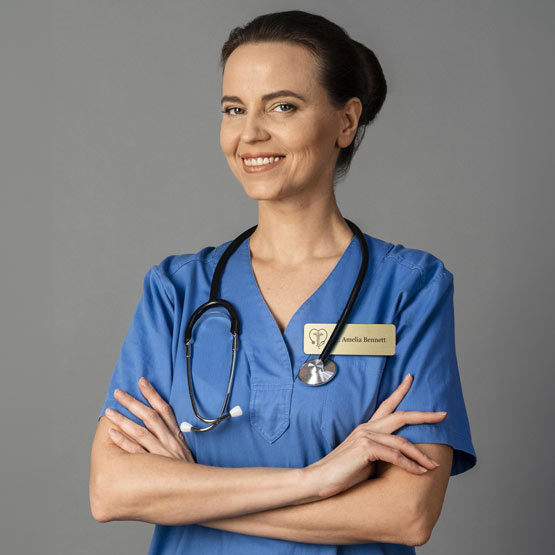Woman Doctor Wearing Custom Printed Aluminum Medical Name Tag With Stethoscope