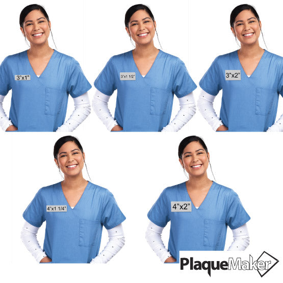 Size Guide Featuring 5 Popular Sizes Of Medical Metal Name Tags With Full Color Logo.