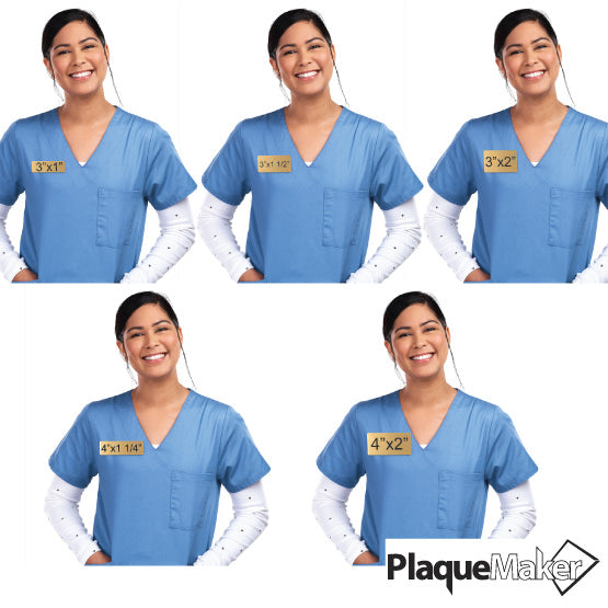 Size Guide Featuring Woman Wearing 5 Popular Sizes Of Custom Brass Medical Name Tags Up To 4x2 Inches.