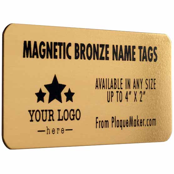 Custom Bronze Magnetic Name Badge Laser Fused With Product Description And Showing Customizable Areas For Text And Art
