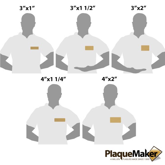 Size Guide With Blank Figures Wearing Different Sizes Of Blank Bronze Name Tags Against A White Background